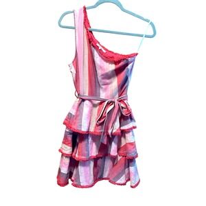 TULAROSA Revolve women's Malibu striped Y2K tiered one shoulder pink red dress S